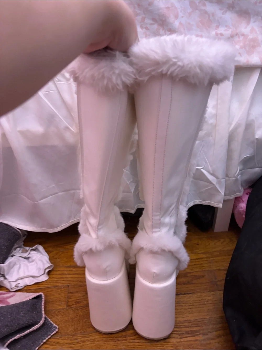 Demonia White Faux-Fur Lace-Up Platform Knee Boots